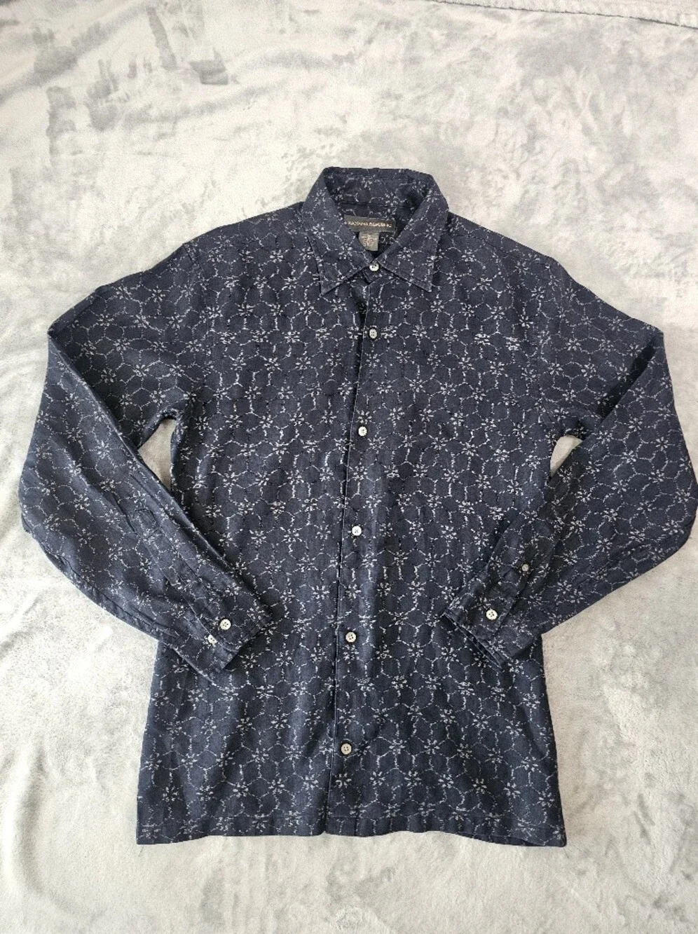 Vintage‎ Banana Republic 100% Linen Button Up Shirt Men's M Geometric Navy